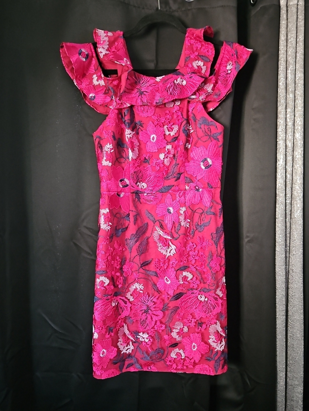 H by Halston Fuchsia Floral Ruffle-Trim Sheath Dress